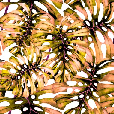 Tekstil tasarımı için suluboya tropikal yaprakları ve çiçekleri olan modern, soyut, dikişsiz desen. Geçmişe dönük parlak yaz geçmişi. Orman yaprakları çizimi. Mayo botanik tasarımı. Antika egzotik baskı.