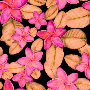 Tekstil tasarımı için suluboya tropikal yaprakları ve çiçekleri olan modern, soyut, dikişsiz desen. Geçmişe dönük parlak yaz geçmişi. Orman yaprakları çizimi. Mayo botanik tasarımı. Antika egzotik baskı.