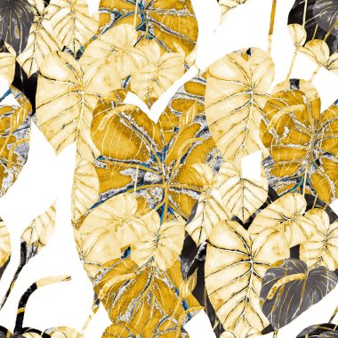 Tekstil tasarımı için suluboya tropikal yaprakları ve çiçekleri olan modern, soyut, dikişsiz desen. Geçmişe dönük parlak yaz geçmişi. Orman yaprakları çizimi. Mayo botanik tasarımı. Antika egzotik baskı.