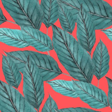 Tekstil tasarımı için suluboya tropikal yaprakları ve çiçekleri olan modern, soyut, dikişsiz desen. Geçmişe dönük parlak yaz geçmişi. Orman yaprakları çizimi. Mayo botanik tasarımı. Antika egzotik baskı.