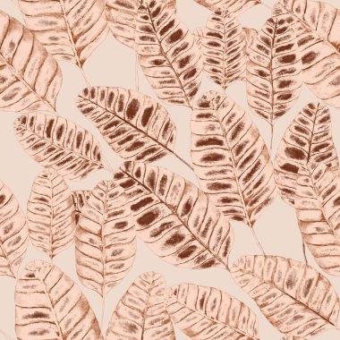 Tekstil tasarımı için suluboya tropikal yaprakları ve çiçekleri olan modern, soyut, dikişsiz desen. Geçmişe dönük parlak yaz geçmişi. Orman yaprakları çizimi. Mayo botanik tasarımı. Antika egzotik baskı.