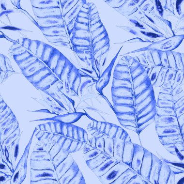 Tekstil tasarımı için suluboya tropikal yaprakları ve çiçekleri olan modern, soyut, dikişsiz desen. Geçmişe dönük parlak yaz geçmişi. Orman yaprakları çizimi. Mayo botanik tasarımı. Antika egzotik baskı.
