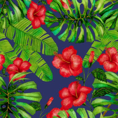 Tekstil tasarımı için suluboya tropikal yaprakları ve çiçekleri olan modern, soyut, dikişsiz desen. Geçmişe dönük parlak yaz geçmişi. Orman yaprakları çizimi. Mayo botanik tasarımı. Antika egzotik baskı.