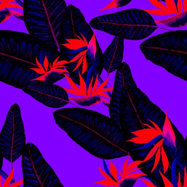 Tekstil tasarımı için suluboya tropikal yaprakları ve çiçekleri olan modern, soyut, dikişsiz desen. Geçmişe dönük parlak yaz geçmişi. Orman yaprakları çizimi. Mayo botanik tasarımı. Antika egzotik baskı.