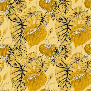 Tekstil tasarımı için suluboya tropikal yaprakları ve çiçekleri olan modern, soyut, dikişsiz desen. Geçmişe dönük parlak yaz geçmişi. Orman yaprakları çizimi. Mayo botanik tasarımı. Antika egzotik baskı.