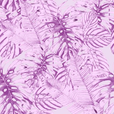 Tekstil tasarımı için suluboya tropikal yaprakları ve çiçekleri olan modern, soyut, dikişsiz desen. Geçmişe dönük parlak yaz geçmişi. Orman yaprakları çizimi. Mayo botanik tasarımı. Antika egzotik baskı.