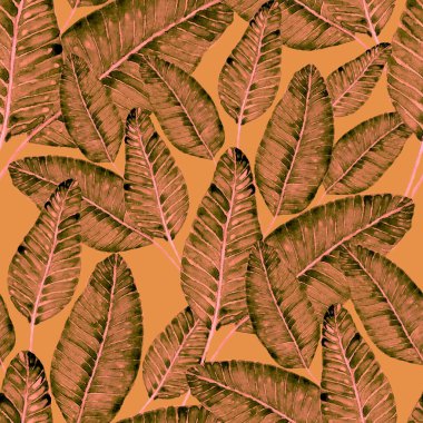 Tekstil tasarımı için suluboya tropikal yaprakları ve çiçekleri olan modern, soyut, dikişsiz desen. Geçmişe dönük parlak yaz geçmişi. Orman yaprakları çizimi. Mayo botanik tasarımı. Antika egzotik baskı.
