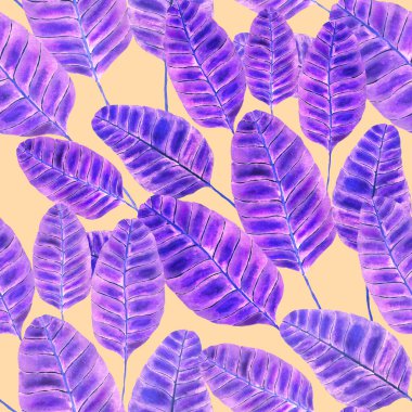 Tekstil tasarımı için suluboya tropikal yaprakları ve çiçekleri olan modern, soyut, dikişsiz desen. Geçmişe dönük parlak yaz geçmişi. Orman yaprakları çizimi. Mayo botanik tasarımı. Antika egzotik baskı.