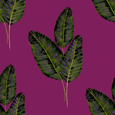 Tekstil tasarımı için suluboya tropikal yaprakları ve çiçekleri olan modern, soyut, dikişsiz desen. Geçmişe dönük parlak yaz geçmişi. Orman yaprakları çizimi. Mayo botanik tasarımı. Antika egzotik baskı.