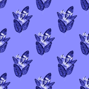 Tekstil tasarımı için suluboya tropikal yaprakları ve çiçekleri olan modern, soyut, dikişsiz desen. Geçmişe dönük parlak yaz geçmişi. Orman yaprakları çizimi. Mayo botanik tasarımı. Antika egzotik baskı.