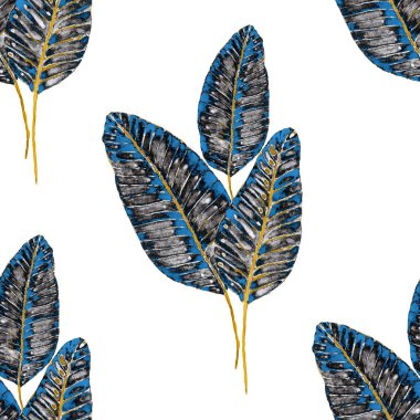 Tekstil tasarımı için suluboya tropikal yaprakları ve çiçekleri olan modern, soyut, dikişsiz desen. Geçmişe dönük parlak yaz geçmişi. Orman yaprakları çizimi. Mayo botanik tasarımı. Antika egzotik baskı.