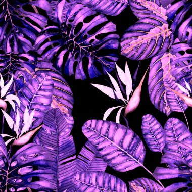 Tekstil tasarımı için suluboya tropikal yaprakları ve çiçekleri olan modern, soyut, dikişsiz desen. Geçmişe dönük parlak yaz geçmişi. Orman yaprakları çizimi. Mayo botanik tasarımı. Antika egzotik baskı.
