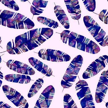 Tekstil tasarımı için suluboya tropikal yaprakları ve çiçekleri olan modern, soyut, dikişsiz desen. Geçmişe dönük parlak yaz geçmişi. Orman yaprakları çizimi. Mayo botanik tasarımı. Antika egzotik baskı.