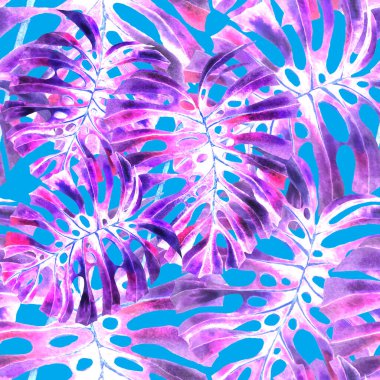 Tekstil tasarımı için suluboya tropikal yaprakları ve çiçekleri olan modern, soyut, dikişsiz desen. Geçmişe dönük parlak yaz geçmişi. Orman yaprakları çizimi. Mayo botanik tasarımı. Antika egzotik baskı.