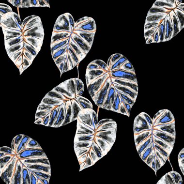 Tekstil tasarımı için suluboya tropikal yaprakları ve çiçekleri olan modern, soyut, dikişsiz desen. Geçmişe dönük parlak yaz geçmişi. Orman yaprakları çizimi. Mayo botanik tasarımı. Antika egzotik baskı.