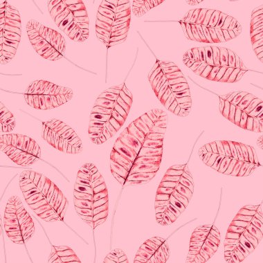 Tekstil tasarımı için suluboya tropikal yaprakları ve çiçekleri olan modern, soyut, dikişsiz desen. Geçmişe dönük parlak yaz geçmişi. Orman yaprakları çizimi. Mayo botanik tasarımı. Antika egzotik baskı.