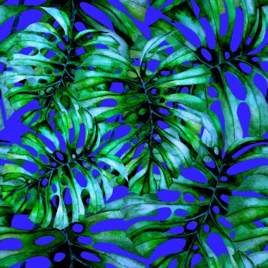 Tekstil tasarımı için suluboya tropikal yaprakları ve çiçekleri olan modern, soyut, dikişsiz desen. Geçmişe dönük parlak yaz geçmişi. Orman yaprakları çizimi. Mayo botanik tasarımı. Antika egzotik baskı.