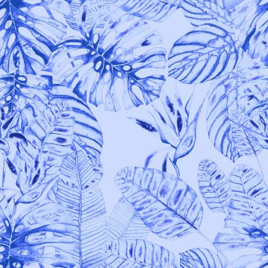 Tekstil tasarımı için suluboya tropikal yaprakları ve çiçekleri olan modern, soyut, dikişsiz desen. Geçmişe dönük parlak yaz geçmişi. Orman yaprakları çizimi. Mayo botanik tasarımı. Antika egzotik baskı.