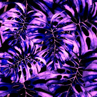 Tekstil tasarımı için suluboya tropikal yaprakları ve çiçekleri olan modern, soyut, dikişsiz desen. Geçmişe dönük parlak yaz geçmişi. Orman yaprakları çizimi. Mayo botanik tasarımı. Antika egzotik baskı.