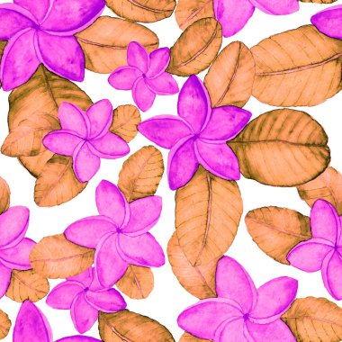 Tekstil tasarımı için suluboya tropikal yaprakları ve çiçekleri olan modern, soyut, dikişsiz desen. Geçmişe dönük parlak yaz geçmişi. Orman yaprakları çizimi. Mayo botanik tasarımı. Antika egzotik baskı.