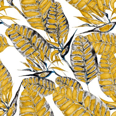 Tekstil tasarımı için suluboya tropikal yaprakları ve çiçekleri olan modern, soyut, dikişsiz desen. Geçmişe dönük parlak yaz geçmişi. Orman yaprakları çizimi. Mayo botanik tasarımı. Antika egzotik baskı.