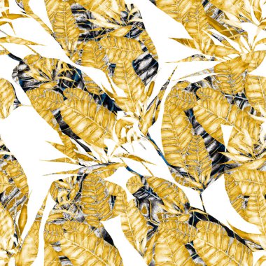 Tekstil tasarımı için suluboya tropikal yaprakları ve çiçekleri olan modern, soyut, dikişsiz desen. Geçmişe dönük parlak yaz geçmişi. Orman yaprakları çizimi. Mayo botanik tasarımı. Antika egzotik baskı.