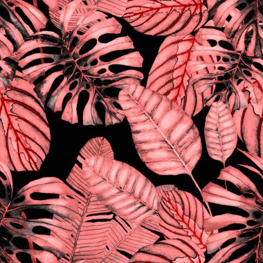 Tekstil tasarımı için suluboya tropikal yaprakları ve çiçekleri olan modern, soyut, dikişsiz desen. Geçmişe dönük parlak yaz geçmişi. Orman yaprakları çizimi. Mayo botanik tasarımı. Antika egzotik baskı.
