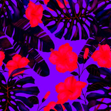 Tekstil tasarımı için suluboya tropikal yaprakları ve çiçekleri olan modern, soyut, dikişsiz desen. Geçmişe dönük parlak yaz geçmişi. Orman yaprakları çizimi. Mayo botanik tasarımı. Antika egzotik baskı.