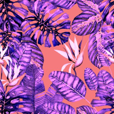 Tekstil tasarımı için suluboya tropikal yaprakları ve çiçekleri olan modern, soyut, dikişsiz desen. Geçmişe dönük parlak yaz geçmişi. Orman yaprakları çizimi. Mayo botanik tasarımı. Antika egzotik baskı.