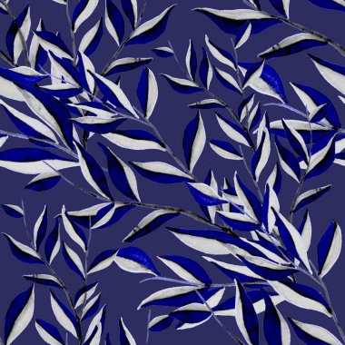 Tekstil tasarımı için suluboya tropikal yaprakları ve çiçekleri olan modern, soyut, dikişsiz desen. Geçmişe dönük parlak yaz geçmişi. Orman yaprakları çizimi. Mayo botanik tasarımı. Antika egzotik baskı.