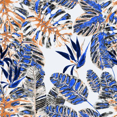 Tekstil tasarımı için suluboya tropikal yaprakları ve çiçekleri olan modern, soyut, dikişsiz desen. Geçmişe dönük parlak yaz geçmişi. Orman yaprakları çizimi. Mayo botanik tasarımı. Antika egzotik baskı.