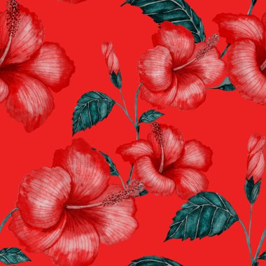 Tekstil tasarımı için suluboya tropikal yaprakları ve çiçekleri olan modern, soyut, dikişsiz desen. Geçmişe dönük parlak yaz geçmişi. Orman yaprakları çizimi. Mayo botanik tasarımı. Antika egzotik baskı.