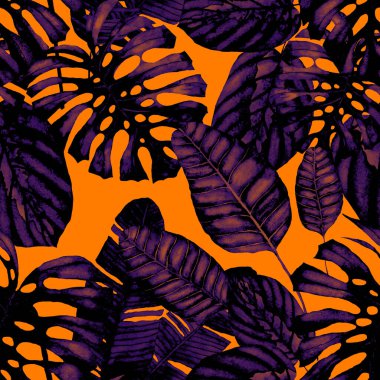 Tekstil tasarımı için suluboya tropikal yaprakları ve çiçekleri olan modern, soyut, dikişsiz desen. Geçmişe dönük parlak yaz geçmişi. Orman yaprakları çizimi. Mayo botanik tasarımı. Antika egzotik baskı.