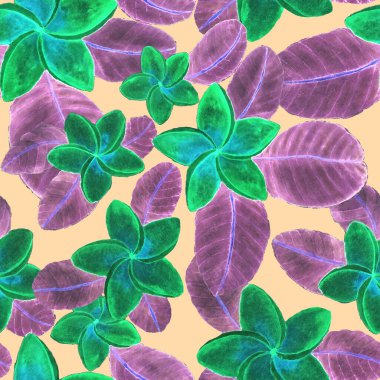 Tekstil tasarımı için suluboya tropikal yaprakları ve çiçekleri olan modern, soyut, dikişsiz desen. Geçmişe dönük parlak yaz geçmişi. Orman yaprakları çizimi. Mayo botanik tasarımı. Antika egzotik baskı.