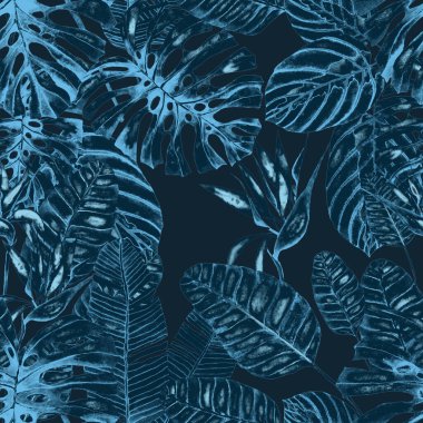 Tekstil tasarımı için suluboya tropikal yaprakları ve çiçekleri olan modern, soyut, dikişsiz desen. Geçmişe dönük parlak yaz geçmişi. Orman yaprakları çizimi. Mayo botanik tasarımı. Antika egzotik baskı.