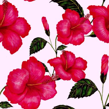 Tekstil tasarımı için suluboya tropikal yaprakları ve çiçekleri olan modern, soyut, dikişsiz desen. Geçmişe dönük parlak yaz geçmişi. Orman yaprakları çizimi. Mayo botanik tasarımı. Antika egzotik baskı.