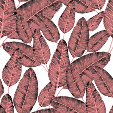 Tekstil tasarımı için suluboya tropikal yaprakları ve çiçekleri olan modern, soyut, dikişsiz desen. Geçmişe dönük parlak yaz geçmişi. Orman yaprakları çizimi. Mayo botanik tasarımı. Antika egzotik baskı.