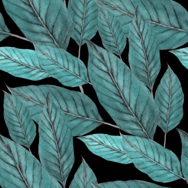 Tekstil tasarımı için suluboya tropikal yaprakları ve çiçekleri olan modern, soyut, dikişsiz desen. Geçmişe dönük parlak yaz geçmişi. Orman yaprakları çizimi. Mayo botanik tasarımı. Antika egzotik baskı.