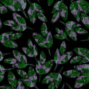 Tekstil tasarımı için suluboya tropikal yaprakları ve çiçekleri olan modern, soyut, dikişsiz desen. Geçmişe dönük parlak yaz geçmişi. Orman yaprakları çizimi. Mayo botanik tasarımı. Antika egzotik baskı.