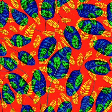 Tekstil tasarımı için suluboya tropikal yaprakları ve çiçekleri olan modern, soyut, dikişsiz desen. Geçmişe dönük parlak yaz geçmişi. Orman yaprakları çizimi. Mayo botanik tasarımı. Antika egzotik baskı.