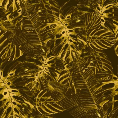 Tekstil tasarımı için suluboya tropikal yaprakları ve çiçekleri olan modern, soyut, dikişsiz desen. Geçmişe dönük parlak yaz geçmişi. Orman yaprakları çizimi. Mayo botanik tasarımı. Antika egzotik baskı.