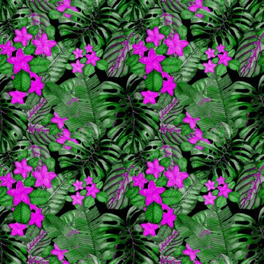 Tekstil tasarımı için suluboya tropikal yaprakları ve çiçekleri olan modern, soyut, dikişsiz desen. Geçmişe dönük parlak yaz geçmişi. Orman yaprakları çizimi. Mayo botanik tasarımı. Antika egzotik baskı.