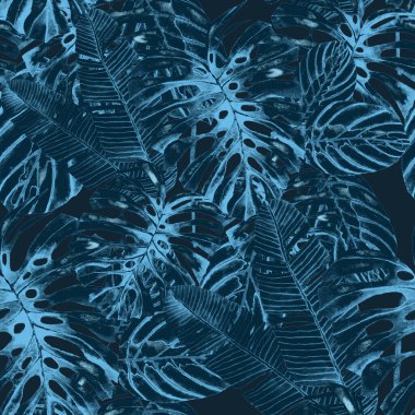 Tekstil tasarımı için suluboya tropikal yaprakları ve çiçekleri olan modern, soyut, dikişsiz desen. Geçmişe dönük parlak yaz geçmişi. Orman yaprakları çizimi. Mayo botanik tasarımı. Antika egzotik baskı.