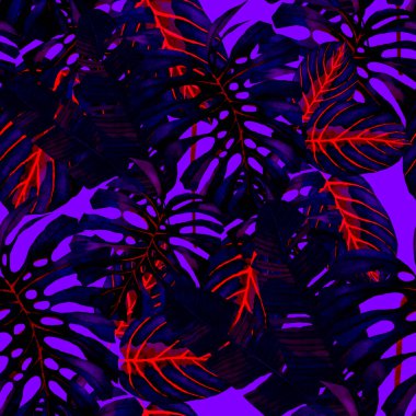 Tekstil tasarımı için suluboya tropikal yaprakları ve çiçekleri olan modern, soyut, dikişsiz desen. Geçmişe dönük parlak yaz geçmişi. Orman yaprakları çizimi. Mayo botanik tasarımı. Antika egzotik baskı.