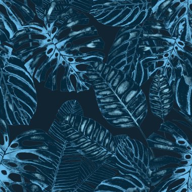 Tekstil tasarımı için suluboya tropikal yaprakları ve çiçekleri olan modern, soyut, dikişsiz desen. Geçmişe dönük parlak yaz geçmişi. Orman yaprakları çizimi. Mayo botanik tasarımı. Antika egzotik baskı.