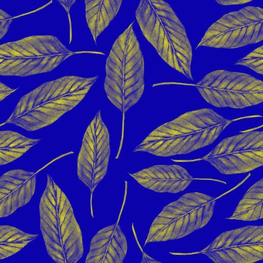 Tekstil tasarımı için suluboya tropikal yaprakları ve çiçekleri olan modern, soyut, dikişsiz desen. Geçmişe dönük parlak yaz geçmişi. Orman yaprakları çizimi. Mayo botanik tasarımı. Antika egzotik baskı.