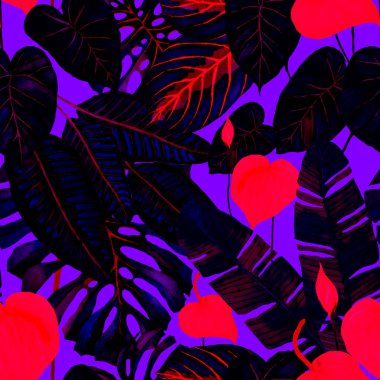 Tekstil tasarımı için suluboya tropikal yaprakları ve çiçekleri olan modern, soyut, dikişsiz desen. Geçmişe dönük parlak yaz geçmişi. Orman yaprakları çizimi. Mayo botanik tasarımı. Antika egzotik baskı.