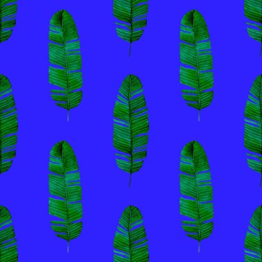 Tekstil tasarımı için suluboya tropikal yaprakları ve çiçekleri olan modern, soyut, dikişsiz desen. Geçmişe dönük parlak yaz geçmişi. Orman yaprakları çizimi. Mayo botanik tasarımı. Antika egzotik baskı.
