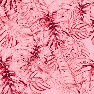 Tekstil tasarımı için suluboya tropikal yaprakları ve çiçekleri olan modern, soyut, dikişsiz desen. Geçmişe dönük parlak yaz geçmişi. Orman yaprakları çizimi. Mayo botanik tasarımı. Antika egzotik baskı.