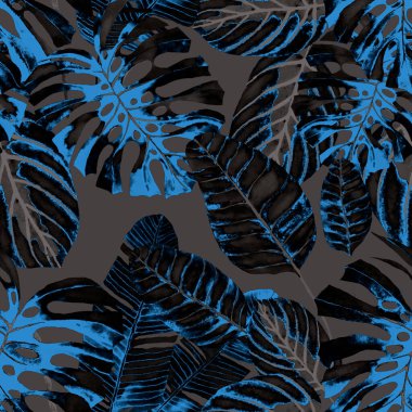Tekstil tasarımı için suluboya tropikal yaprakları ve çiçekleri olan modern, soyut, dikişsiz desen. Geçmişe dönük parlak yaz geçmişi. Orman yaprakları çizimi. Mayo botanik tasarımı. Antika egzotik baskı.